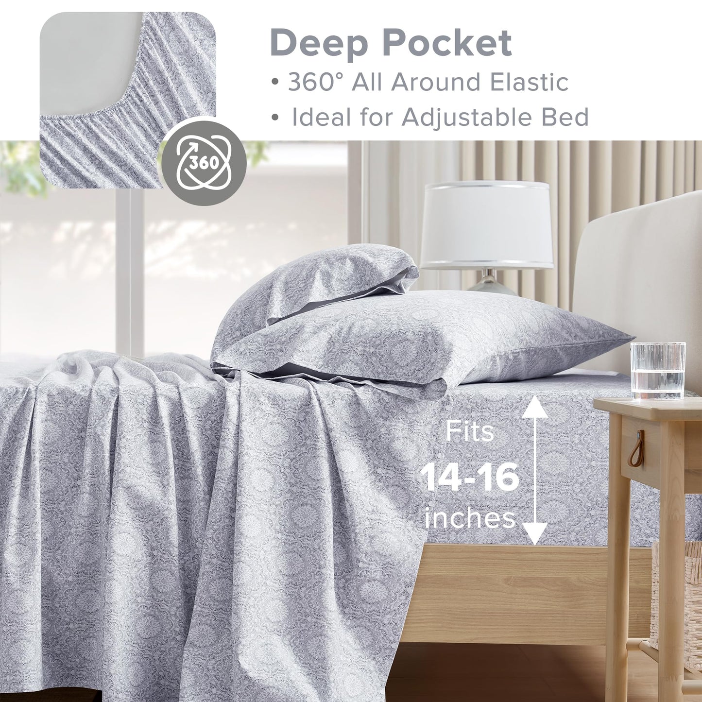 Comfort Spaces 100% Cotton Sheet Set Breathable, Lightweight, Soft with 14" Elastic Pocket Fits up to 16" Mattress, All Season Cozy Bedding, Matching Pillow Case, Cal King Adelia Gray 4 Piece