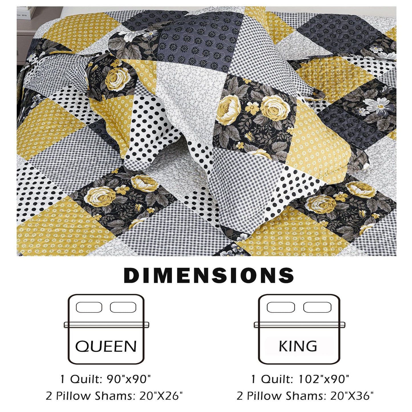 Cmfshape Summer Floral Queen Bedspread,Romantic Khaki Quilt Set Full,Reversible Stitched Bedding Set All Season,Soft Lightweight Coverlet with Pillow Cases (Khaki&Dark, Queen90 x90)