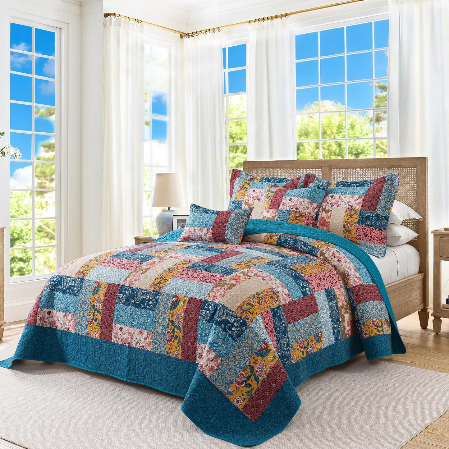 BEDIFANY Cotton Queen Quilt Set - Modern Farmhouse Bedspread with Vibrant Floral Pattern, 3-Piece Lightweight Coverlet (90x98 Inch) + 2 Pillow Shams, All Seasons Multicolor Quilt Bedding Set