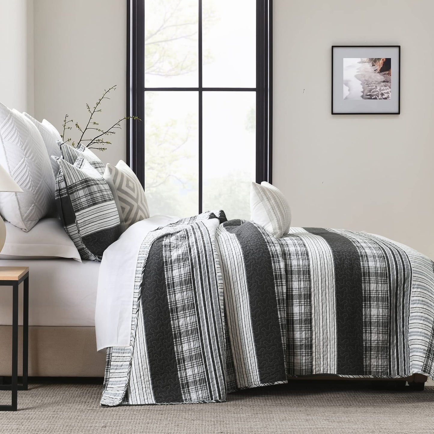 Homzard King Size Comforter - 100% Cotton, Black White Striped King Quilt Bedding Set,Black Grey Plaid Striped Bedding King,Farmhouse Lightweight Comforter for Bed,All Season