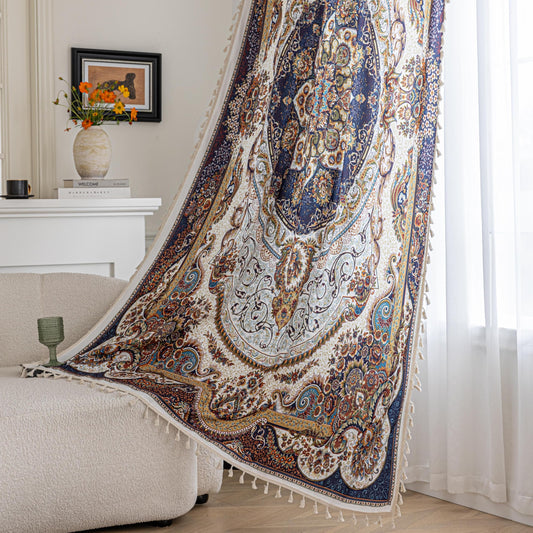 Erbnaryx Blue Brown Medallion Curtains 72 Inches Long, Vintage Paisley Boho Farmhouse Light Filtering Rod Pocket Drapes with Tassel Trim for Bedroom Living Room, 2 Panels