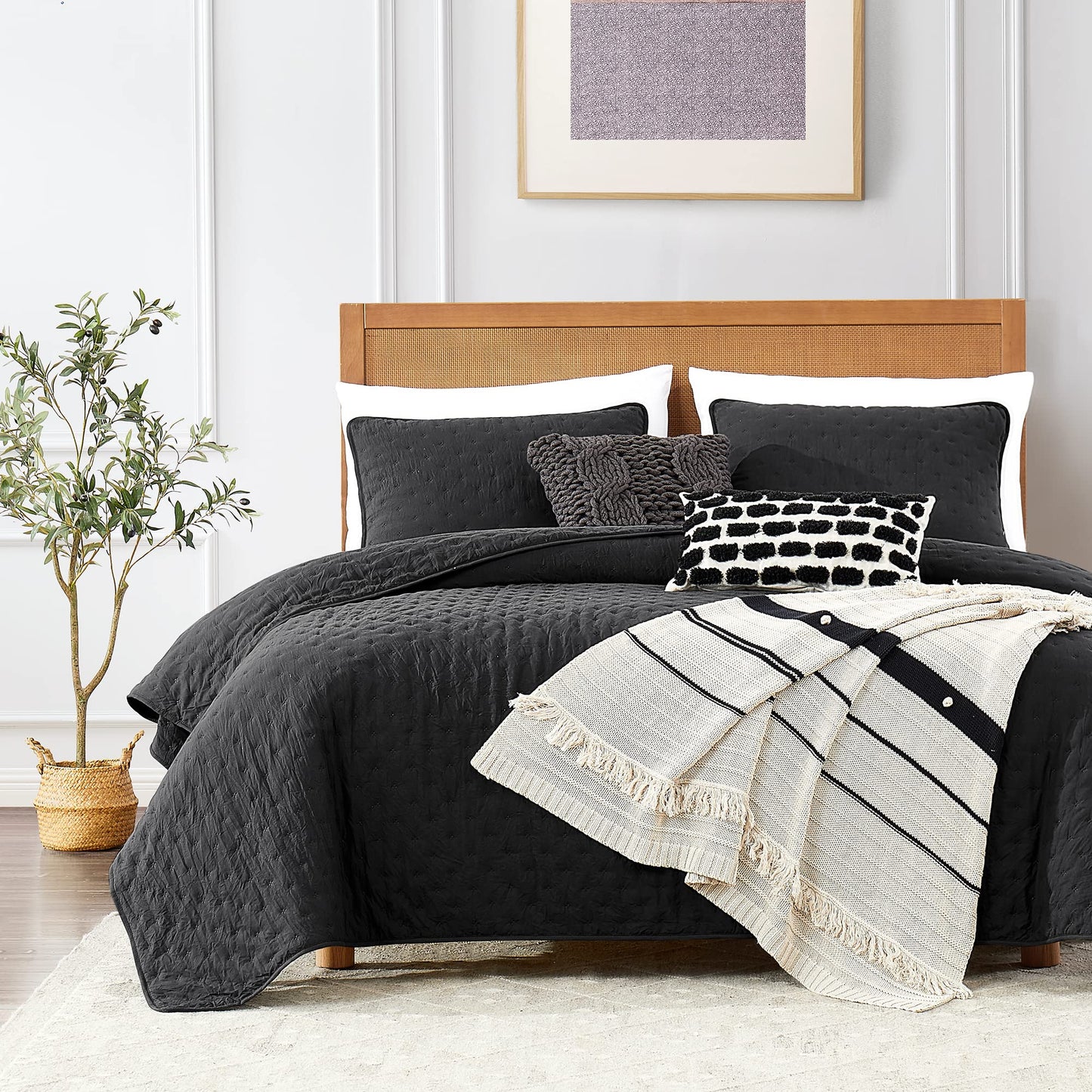 ROARINGWILD Black Twin Size Quilt Bedding Sets with Pillow Sham, Lightweight Soft Bedspread Coverlet, Quilted Blanket Thin Comforter Bed Cover, All Season, 2 Pieces, 68x90 inches