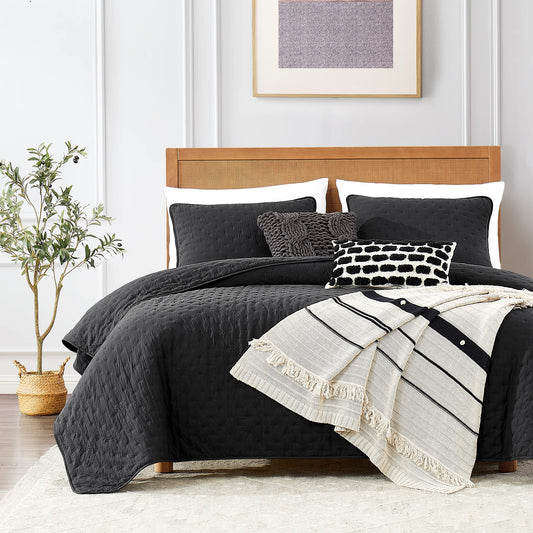 ROARINGWILD Black Twin Size Quilt Bedding Sets with Pillow Sham, Lightweight Soft Bedspread Coverlet, Quilted Blanket Thin Comforter Bed Cover, All Season, 2 Pieces, 68x90 inches