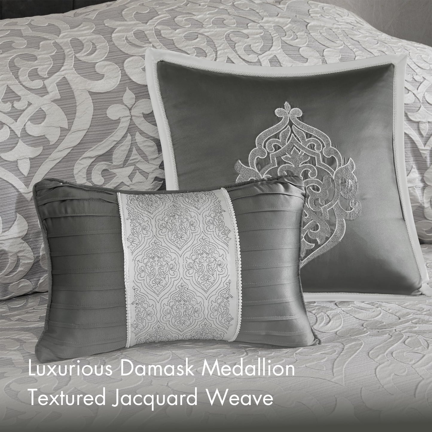 Madison Park Odette Cozy Comforter Set Jacquard Damask Medallion Design - Modern All Season, Down Alternative Bedding, Shams, Decorative Pillows, King(104 in x 92 in), Silver 8 Piece