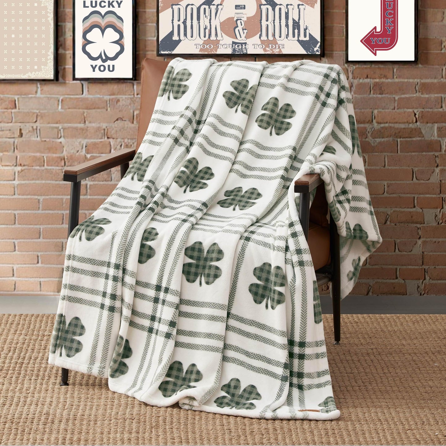 Lucky Brand 50" x 70" Plush Throw Blanket, Clover Gingham Plaid Sage Green Blanket for Sofa or Bed