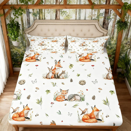 Manfei Cartoon Fox Kids Fitted Sheet Queen Size,Mushroom Leaves Plants Bedding Set,Boys Girls Adults Room Decor,Cute Rabbits Hedgehogs Wild Animals Bed Cover,Colorful Bed Sheet,2 Pillowcases