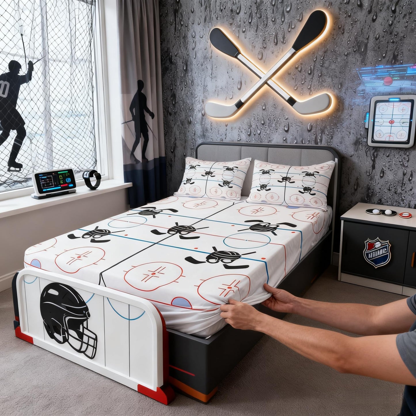 Hockey Stadium Kids Sheet Full Size,Ice Hockey Rink Bedding Set for Boys Girls Adults,Winter Event Sports Lovers Abstract Vivid White Bed Sheet Set 4pcs(Fitted Sheet + Flat Sheet + 2 Pillowcases)