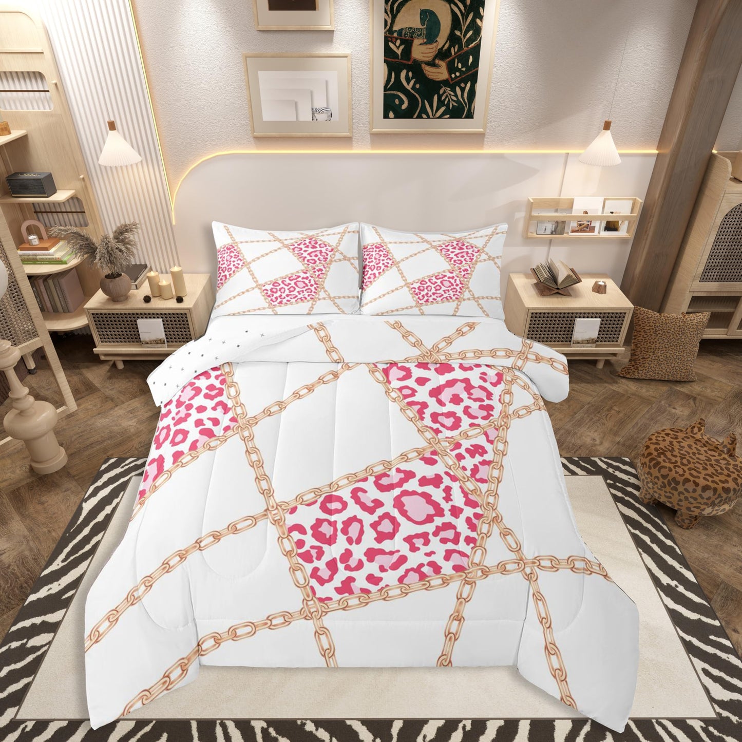 jejeloiu Leopard Comforter Set Queen Size Iron Chain Print Bedding Set for Kids Boys Girls Cheetah Cow Fur Duvet Quilt Animal Print Bedroom Decor Microfiber 3 Pcs with 2 Pillow Cases