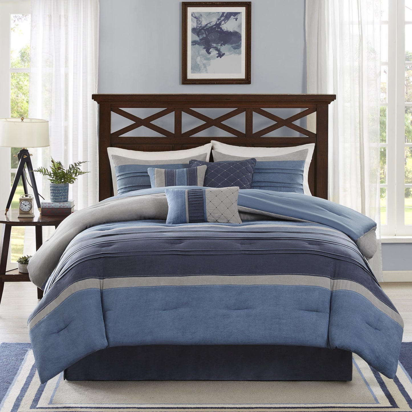 Madison Park Cozy Comforter Set Casual Modern Design All Season, Matching Bed Skirt, Decorative Pillows, Queen(90"x90"), Blue Grey, 7 Piece (MP10-1636)