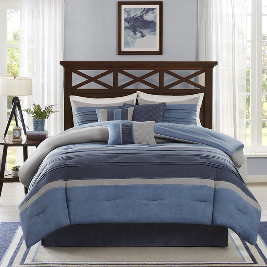 Madison Park Cozy Comforter Set Casual Modern Design All Season, Matching Bed Skirt, Decorative Pillows, Queen(90"x90"), Blue Grey, 7 Piece (MP10-1636)