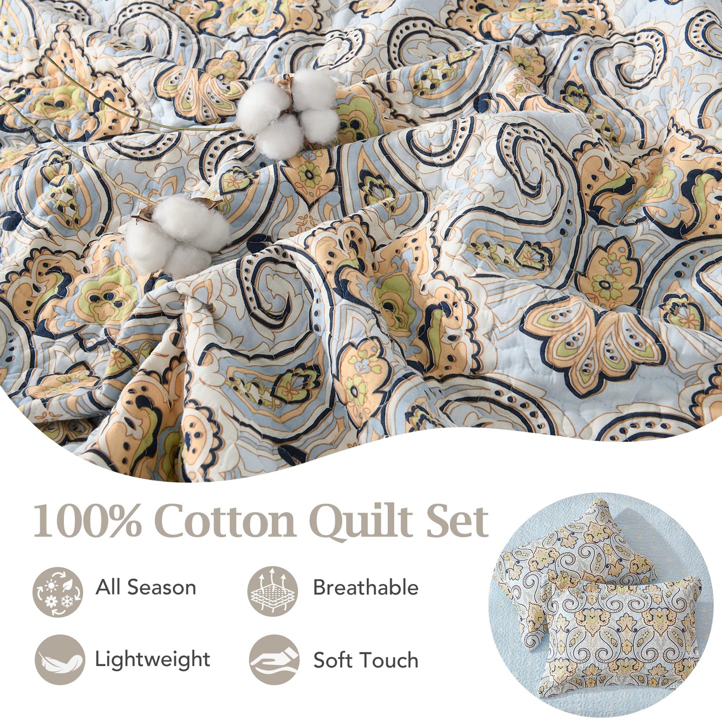 BCOTTOND Paisley King Size Quilt Set - Reversible Paisley Floral Quilts King Size, 100% Cotton Lightweight Bedspread Set, Luxury Quilt Bedding Set for King Bed, Sky Blue & Soft Orange, 106×98