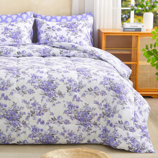 lasoftan Floral Queen Comforter Set with Sheets, 7 piece Luxury Vintage Bedding, Soft Microfiber Bed in a Bag, Cozy Lightweight Bed Set, Lavender Flower Grey Leaf