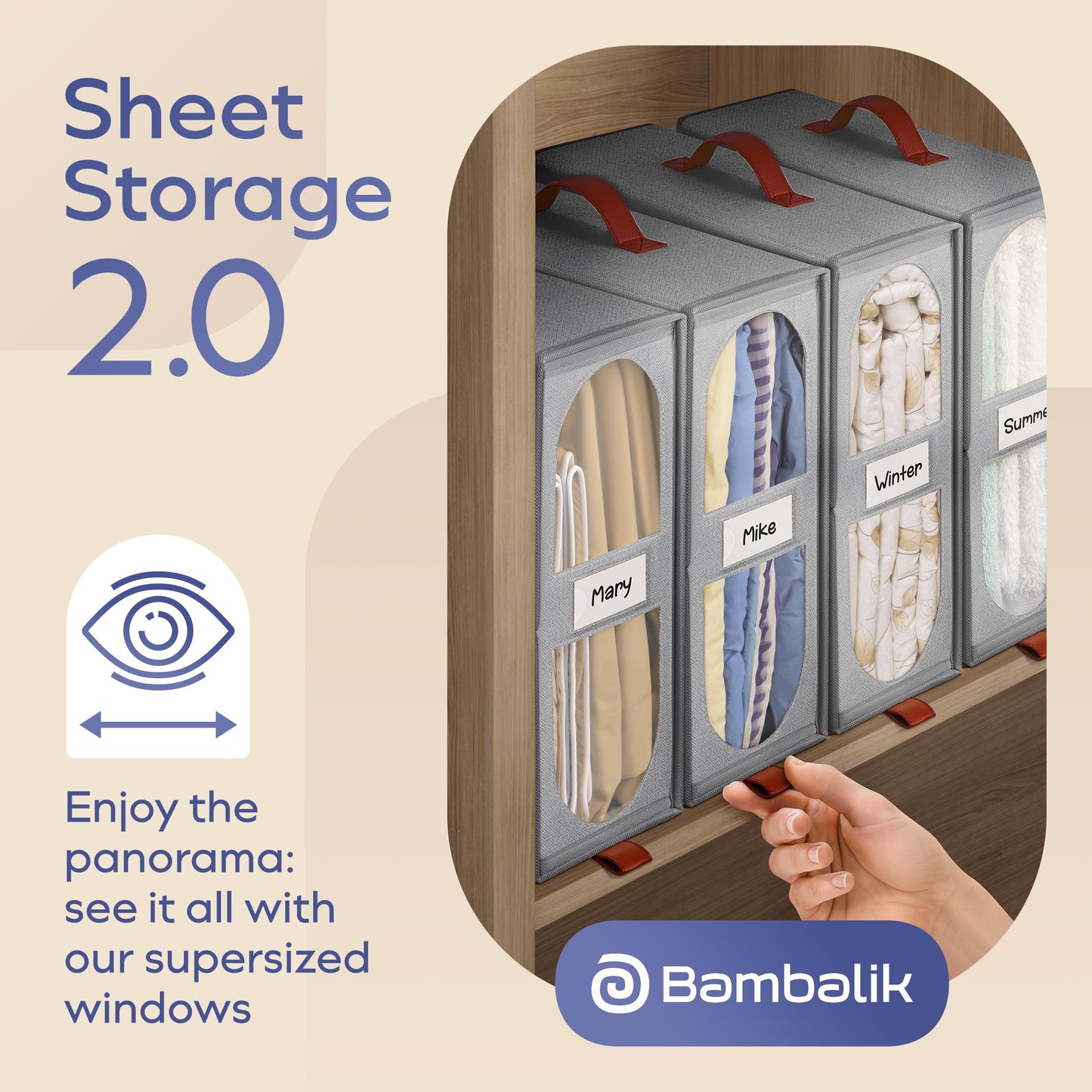 BAMBALIK 4x Bed Sheet Organizer Storage Boxes with Big See-Through Windows - Bedsheet Organizers Redesigned. Robust Bed Sheet Storage -15x13x5 Inches Sheet Organizers Containers (Gray)