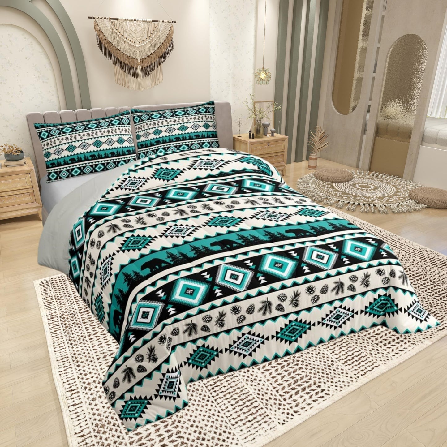 Green Aztec Pattern Kids Comforter Set,Ethnic Geometric Stripes Down Alternative Adults Bedroom Decor,Southwest Tribal Style Bear Wild Animals Ultra Soft Inner Fill 3Pcs Bedding Queen Size