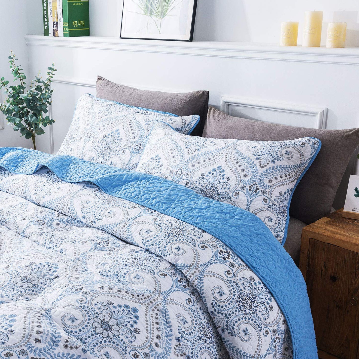 NEWLAKE Cotton Bedspread Quilt Sets-Reversible Patchwork Coverlet Set, Blue Classic Royal Pattern, Queen Size