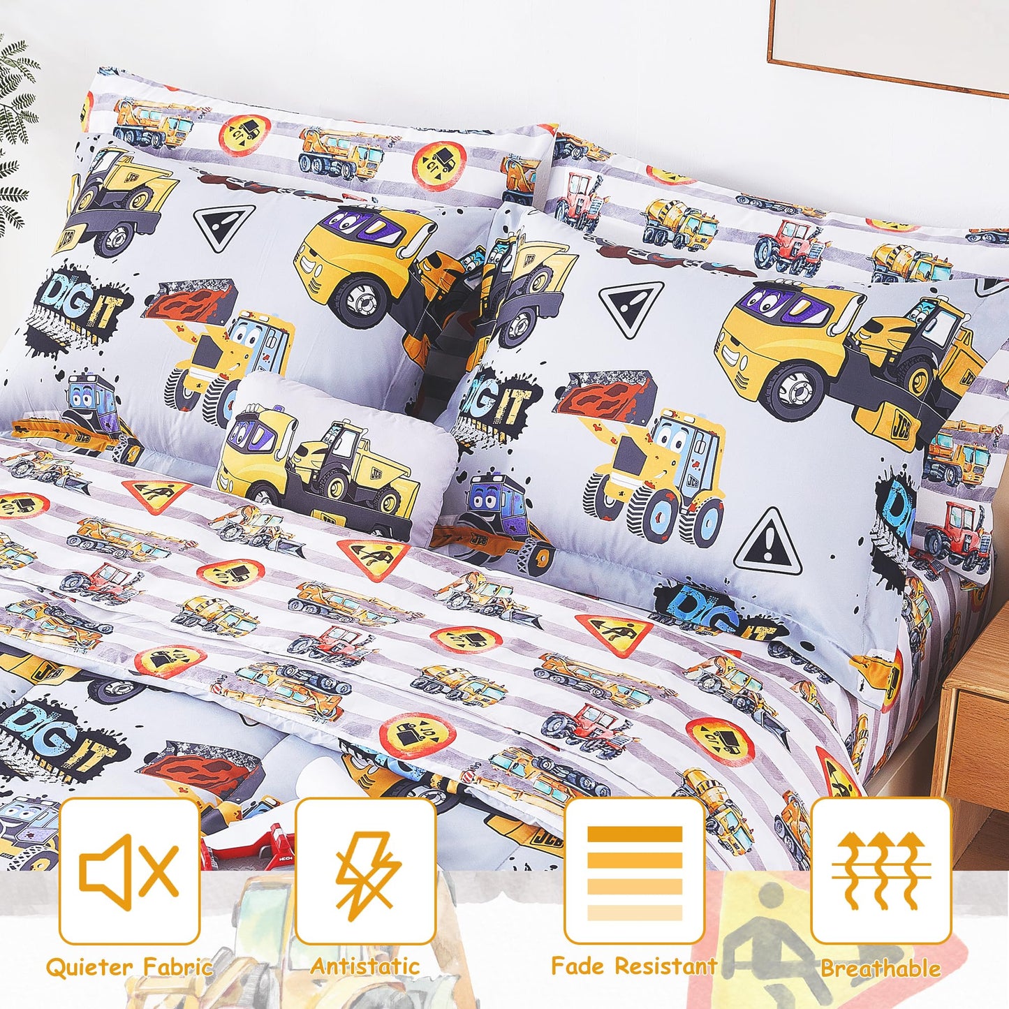 Mooreeke Kids Twin Comforter Sets for Boys 6 Pieces Heavy Duty Vehicle Bedding Set for Teens Microfiber Engineering Truck Kids Bed in A Bag with Comforter, Sheet Set, Shams and Decorative Toy Pillow