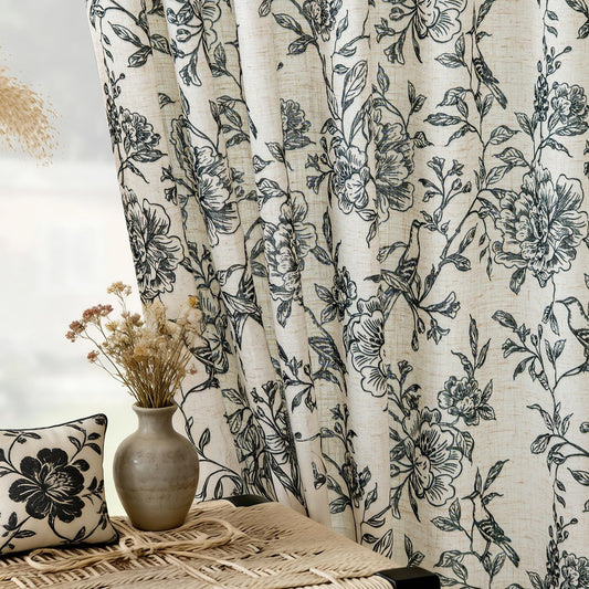 VISIONTEX Floral Farmhouse Curtains 84 Inch Length, Black Peony Printed Linen Blend Drapes, Back Tab & Rod Pocket Light Filtering Window Curtains for Living Room Bedroom, Set of 2 Panels