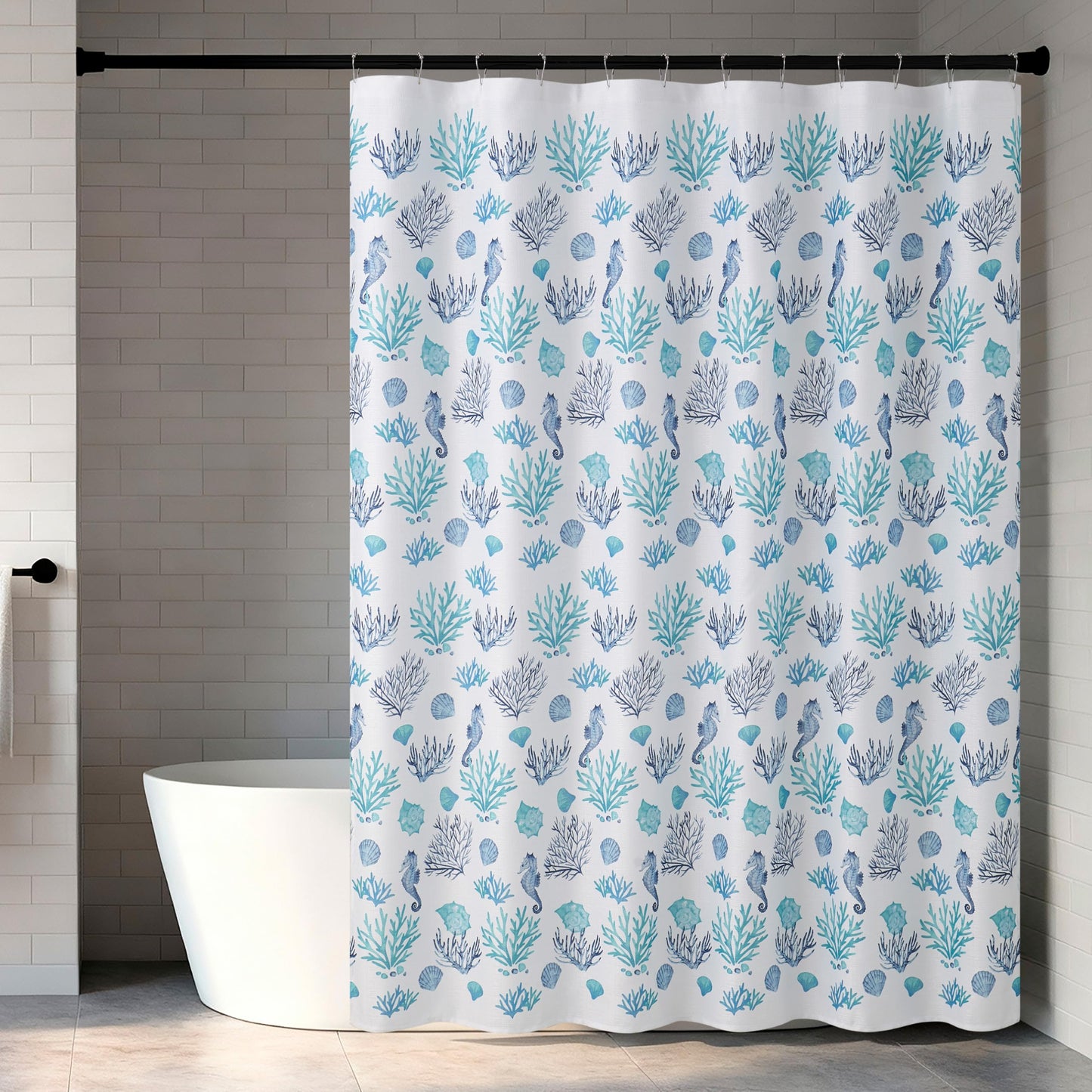 Creative Home Ideas 70"x72" Fabric Shower Curtain with 12 Hooks, South Cape Coastal Teal Blue 13-Piece Shower Set