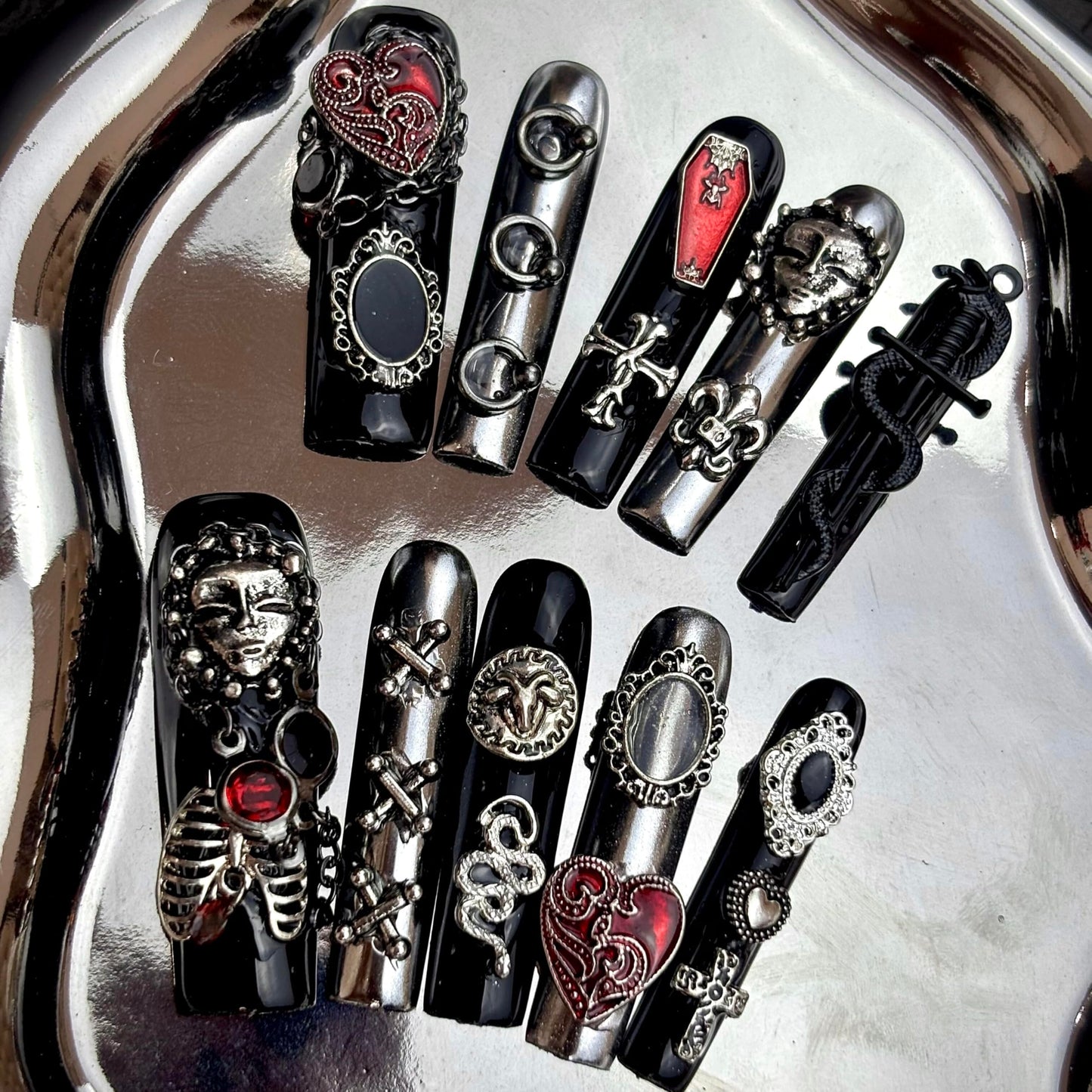 Premium Handmade Fake Nails Press On Nails Black Lace Baroque Punk with Rivets for Women Size S