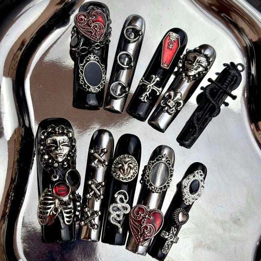 Premium Handmade Fake Nails Press On Nails Black Lace Baroque Punk with Rivets for Women Size S