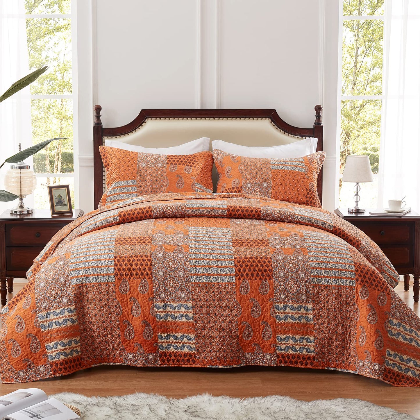 LEAONME Quilt Set King Size 3 Piece Bedspread Coverlet Lightweight Comforter Microfiber Bedding Set for All Season Oversized 98x106 Inch Bed Cover Paisley Burnt Orange/Rust (1 Quilt, 2 Pillow Shams)