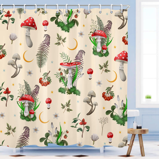 Mayormyth Shower Curtain Boho Mushroom Vintage Shower Curtain Cottagecore Plant Shower Curtains for Bathroom Home Decor Beige Polyester Waterproof Cloth Fabric with Hooks