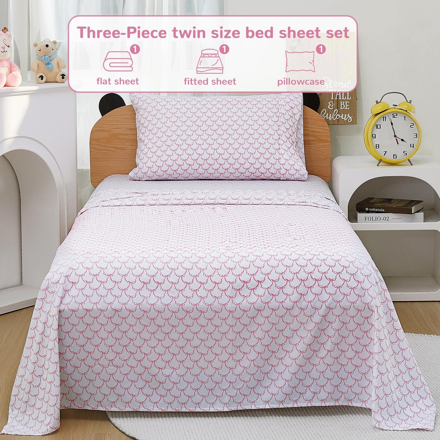 Softan Kids Bed Sheet Set, Girls Twin Size Kids Sheets, Microfiber Fitted Sheet and Pillowcase, Breathable and Silky Soft, 3 Piece Pink Bowknot Printed Twin Bed Sheet