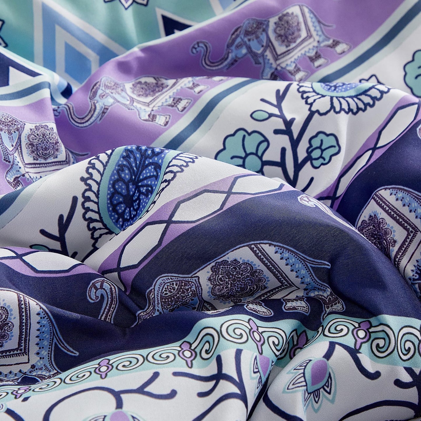 Boho Comforter Sheet Set Bohemian Bed in a Bag Queen Size Bedding Set, Purple Elephant Paisley Circle 7pc Bedding Set (1 Comforter 2 Pillow Shams 1 Pink Flat Sheet 1 Fitted Sheet 2 Pillowcases)