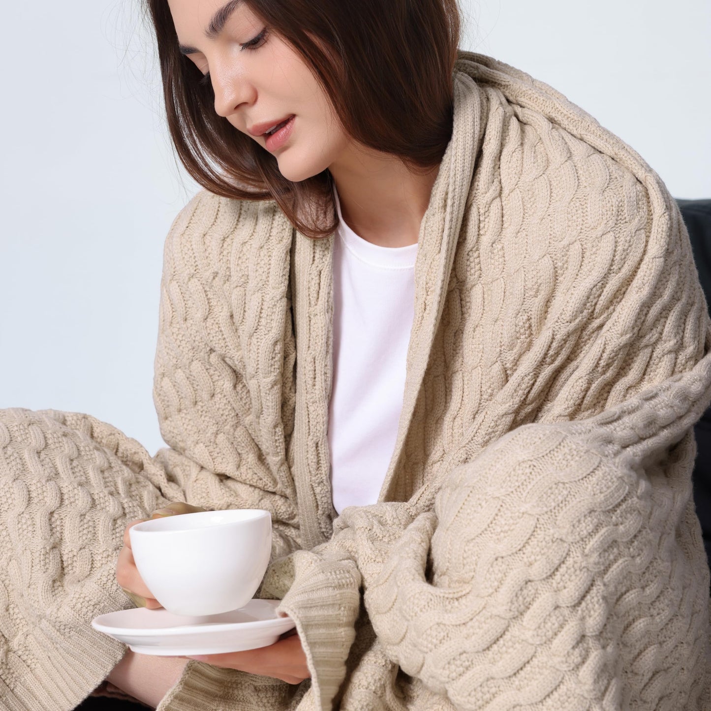 WDCOZY Cable Knit Throw Blanket – Super Soft, Warm & Lightweight Knitted Jacquard Throw Blanket for Couch, Sofa, Bed, Chair, Cozy Texture Farmhouse Decorative Home Blanket, Beige 50x60 inches
