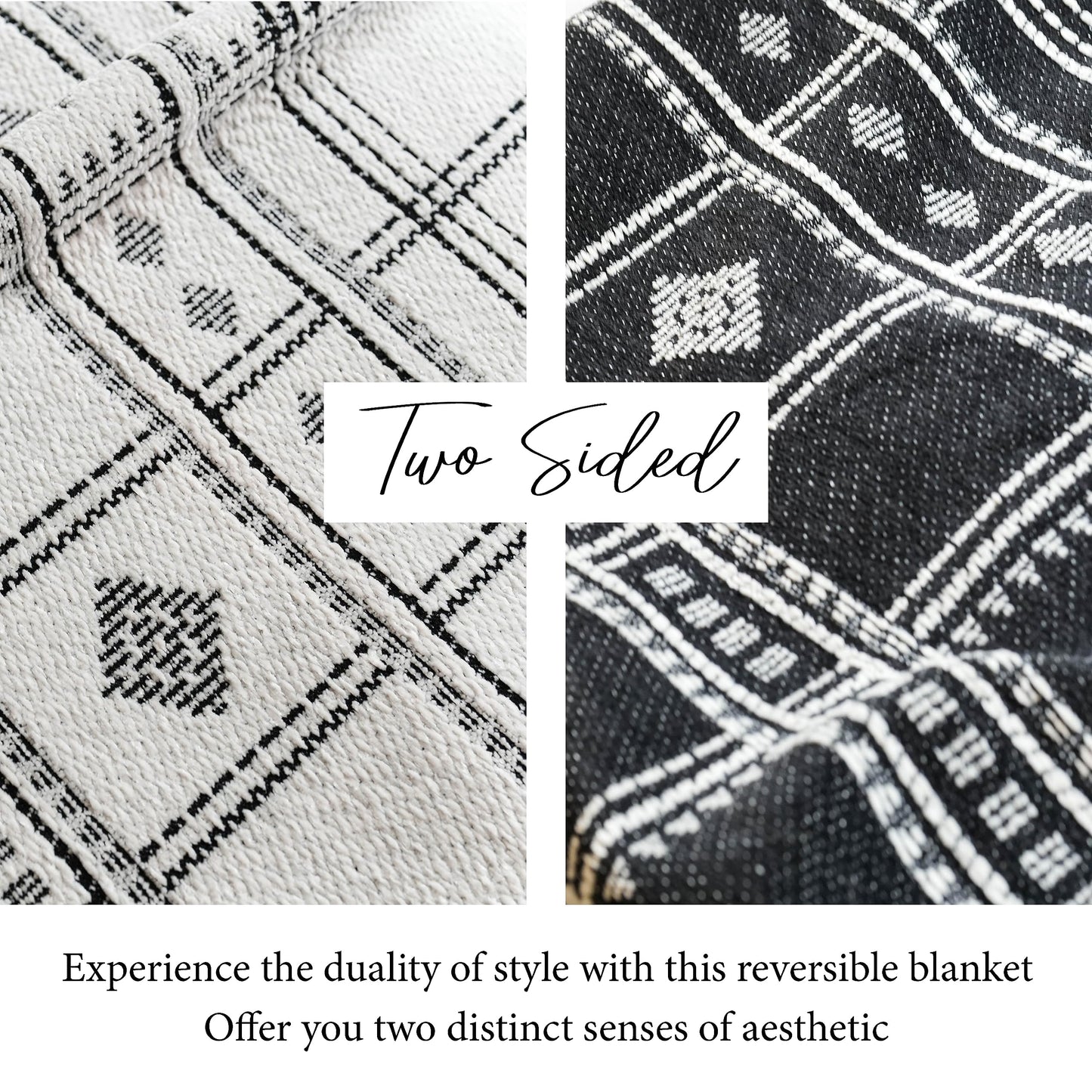 BlissBlush White Black Boho Throw Blanket, Warm Soft Comfy Chenille 55x65, Textured Dual Sided Reversible Blanket for Couch Bed, Skin Friendly