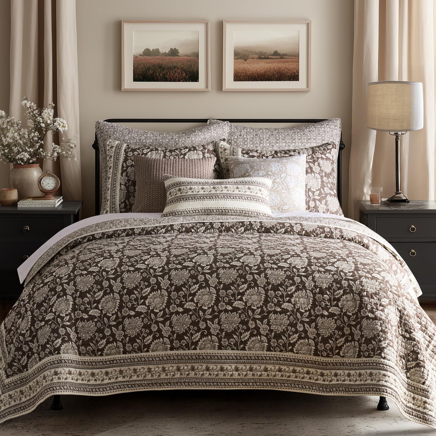 Levtex Home Adare Cocoa Reversible King/Cal King Quilt Set (106x92in) and 2 Pillow Shams (36x20in) - Floral Bedding - Brown Cream - Cotton King Size Quilt Bedding Set - Lightweight, Soft, Pre-Washed