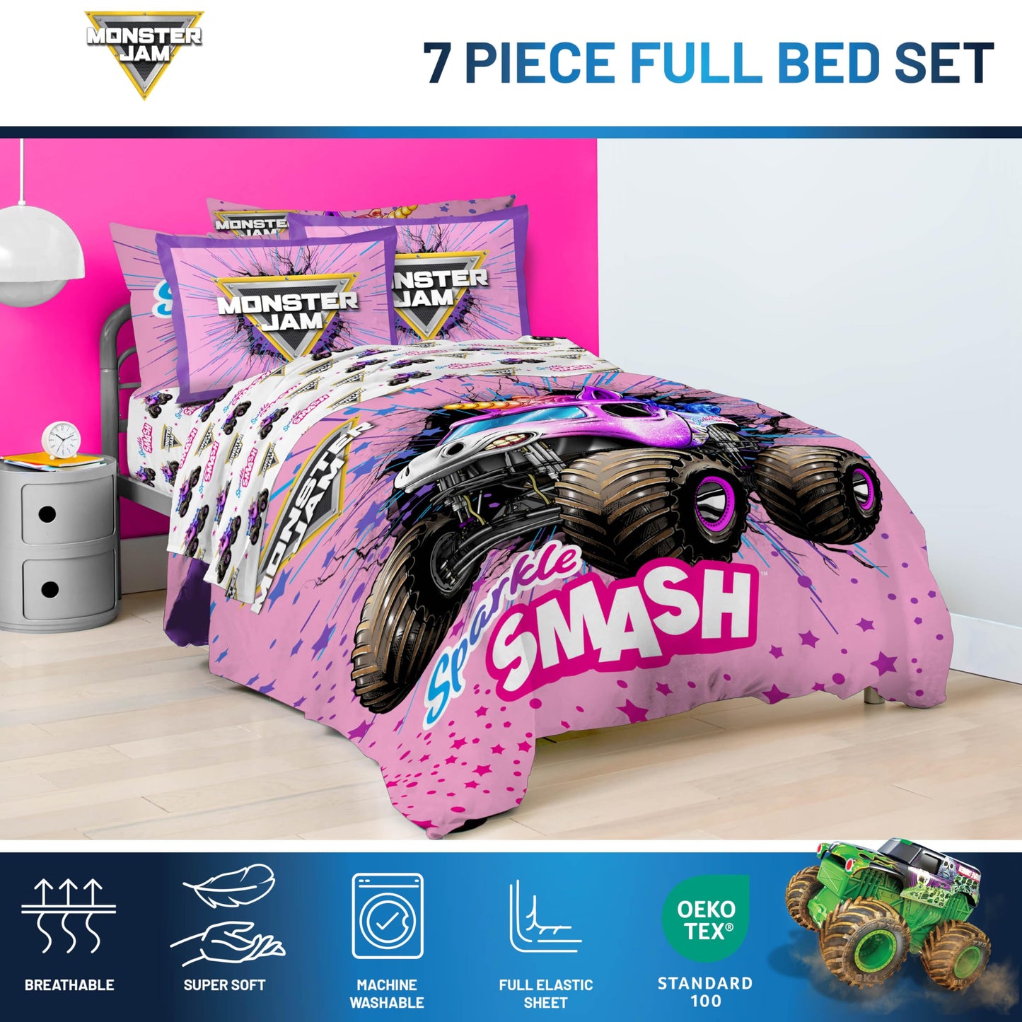 Jay Franco Kids Bed Set, Pink, Monster Jam, 7 Piece Full
