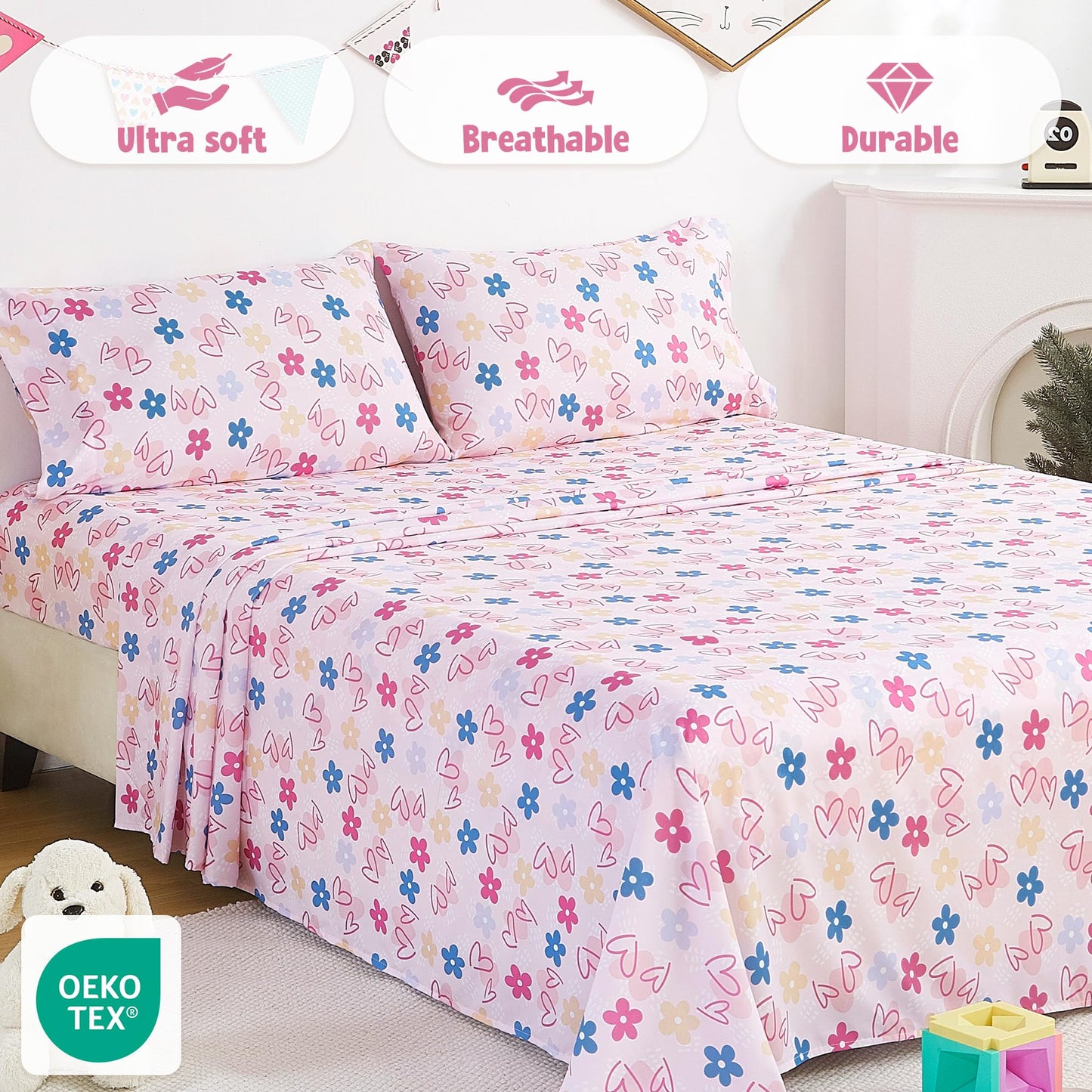 CozySmile Full Sheet Set Kids,4 Pieces Breathable Soft Microfiber Bedsheets for Child Girls, Oeko-TEX, Anti Pilling Deep Pockets Easy Care Bed Sheets, Heart