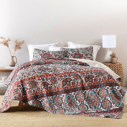 HORIMOTE HOME Boho Quilt Queen Size, Reversible Bohemian Style Twill Strip Floral Quilt Beddding Set, Colorful and Soft Bedspread Full Size Quilt Coverlet for All Season, 2 Pillow Shams (3 Pieces)
