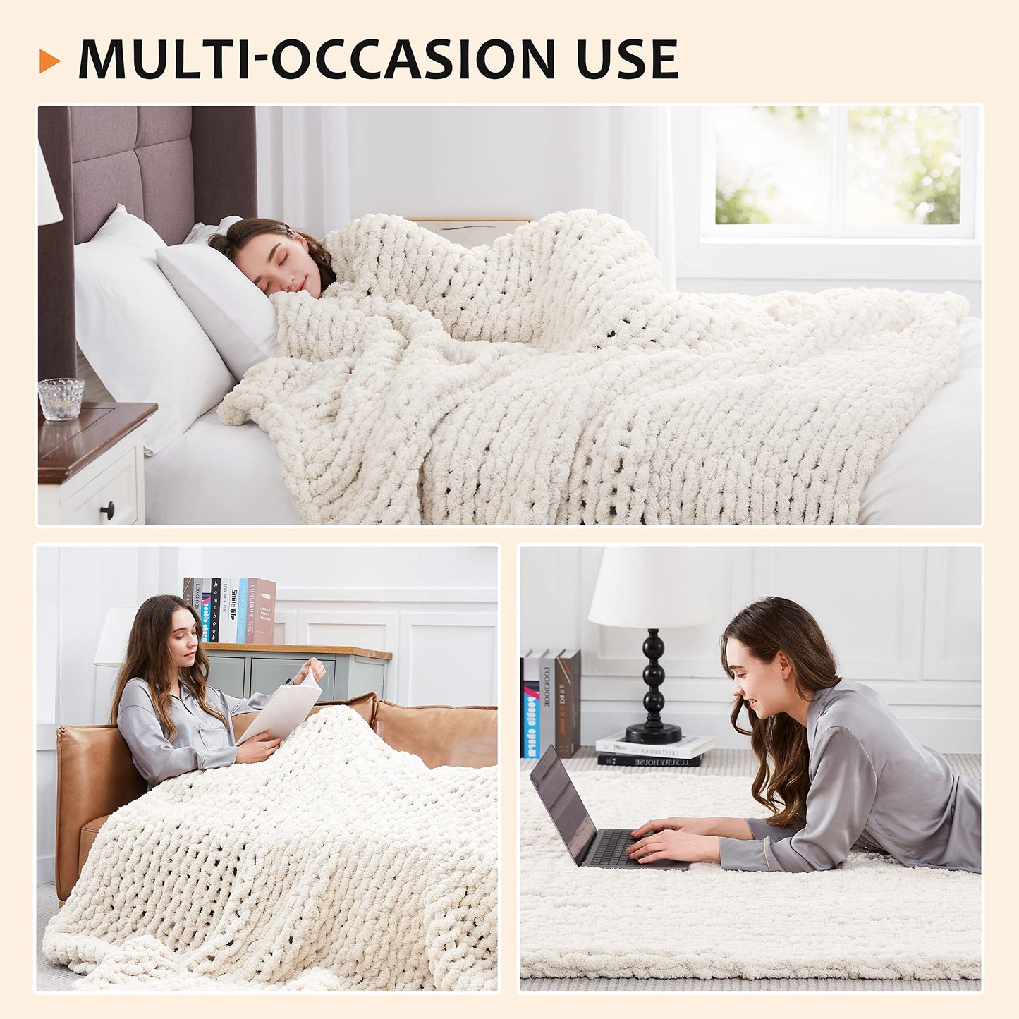 L'AGRATY Chunky Knit Blanket Throw,Soft Chenille Yarn Throw Blanket 50x60，Handmade Cable Knit Crochet Blanket,Large Knit Blankets Chunky Yarn,Rope Knot Throw Blanket for Couch Sofa Bed Home Decor
