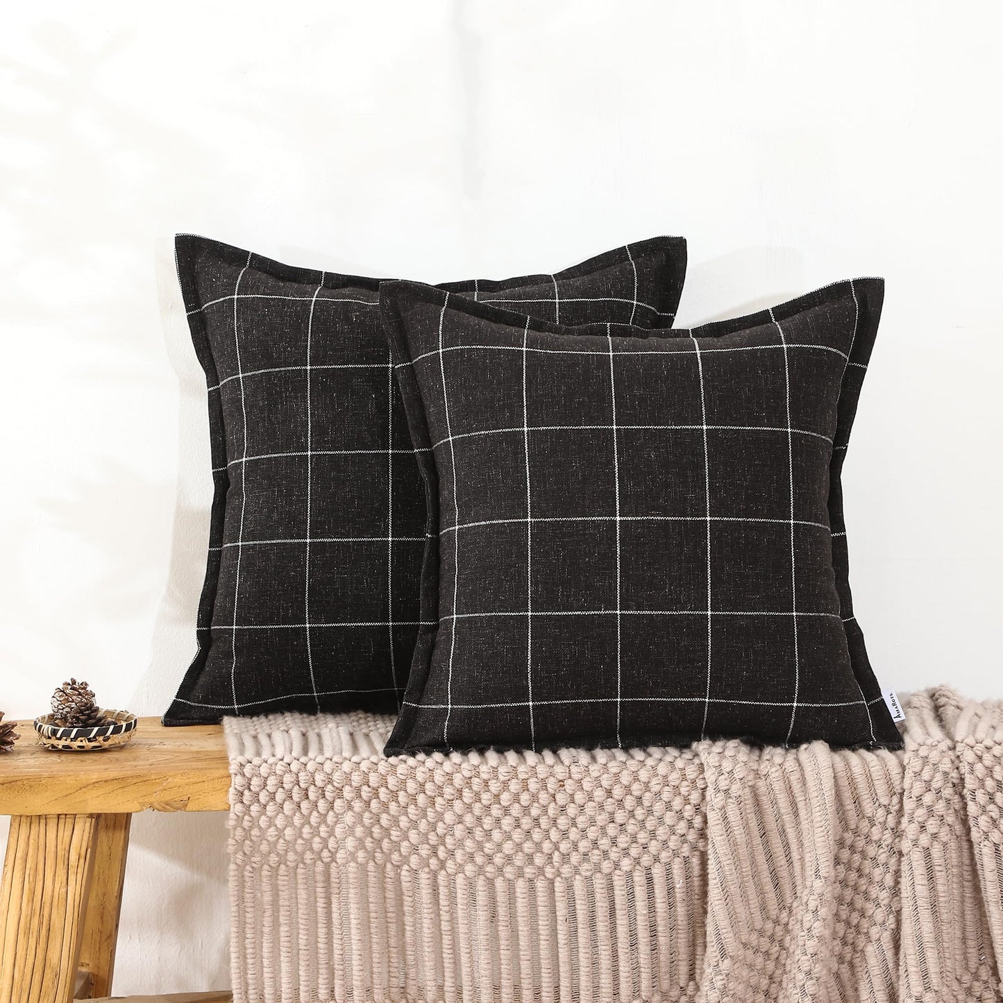 AMAROTI Black Plaid Linen Throw Pillow Covers 18x18 Inch Set of 2 Farmhouse Decorative Cushion Covers for Sofa Couch Living Room Bedroom