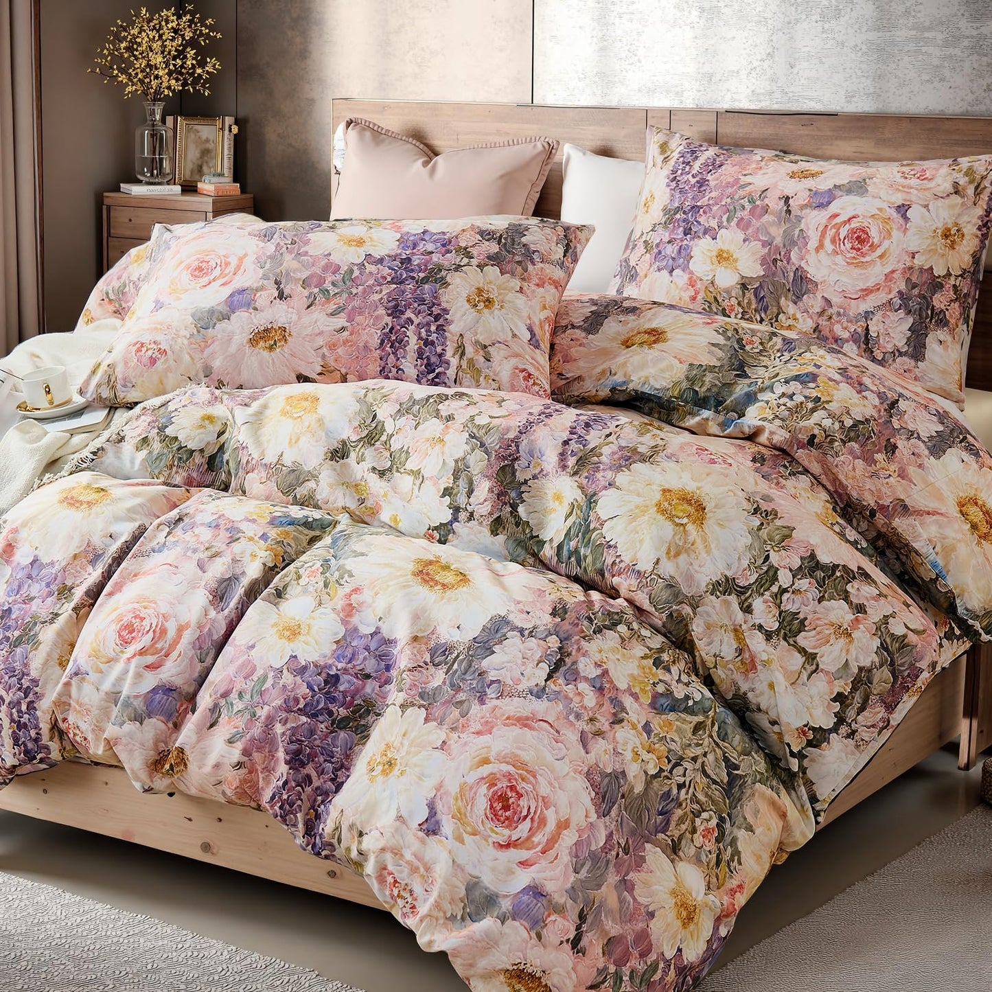 Cozaline 100% Cotton Duvet Cover King Size – Romantic Garden Impressionist Floral Duvet Cover Set with Zipper Closure, 3-Piece Luxury & Soft Bedding Set for All Seasons
