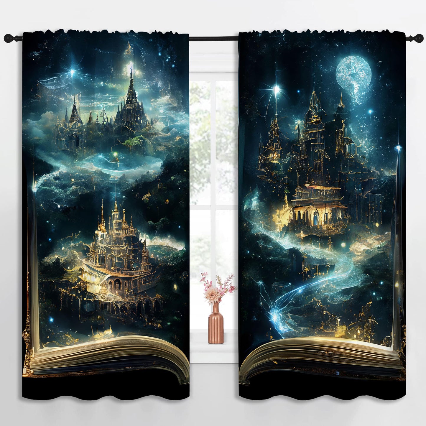 LHROOMJK Magic Book Blackout Curtains for Boys Girl Bedroom Decor,Psychedelic Castle Medieval Building Thermal Insulated Rod Pocket Drapes Darkening Window Curtain for Living Room Home 55x63 inch