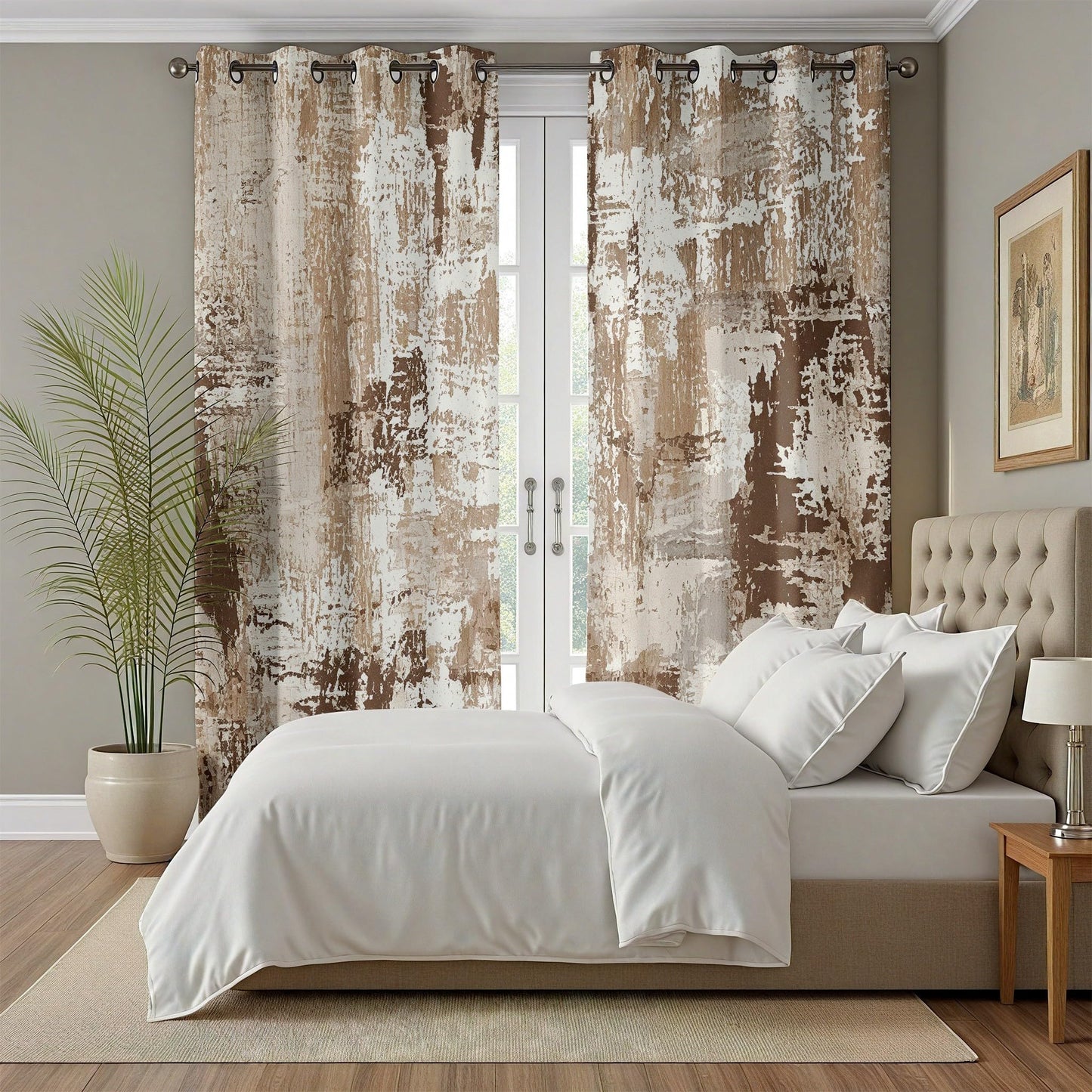 Rufxnn Abstract Curtains, Modern Distressed Curtain Blackout, Contemporary Neutral Curtains 63 Inch Length, Minimalist Brown Drapes for Living Room Bedroom, Grommet Room Darkening Curtain 2 Panel Set