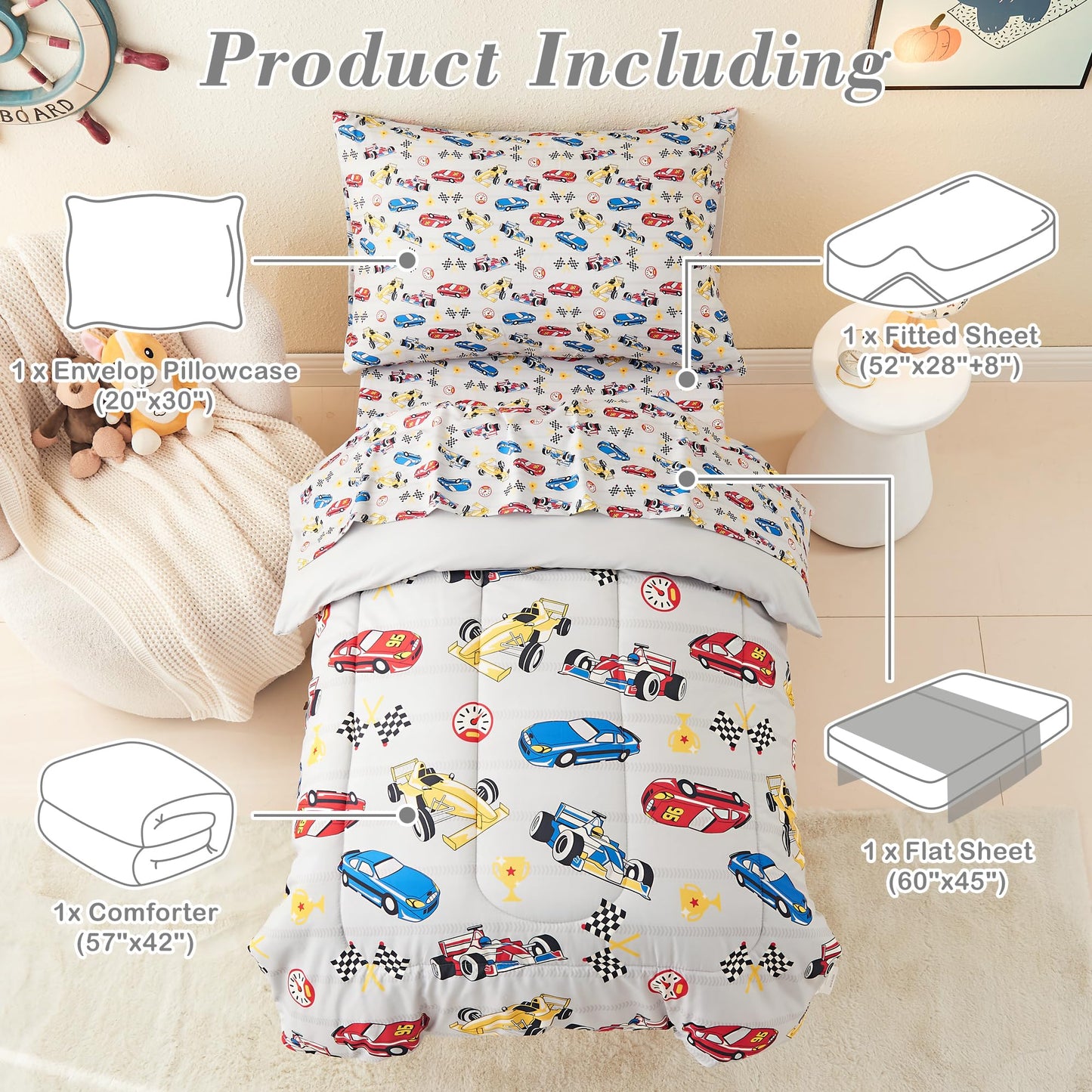 Mooreeke 4 Pieces Toddler Bedding Set - Soft Race Cars Toddler Comforter Sets for Girls, Includes Quilted Comforter, Flat Sheet, Fitted Sheet and Pillowcase, Bed in A Bag for Baby Bedroom
