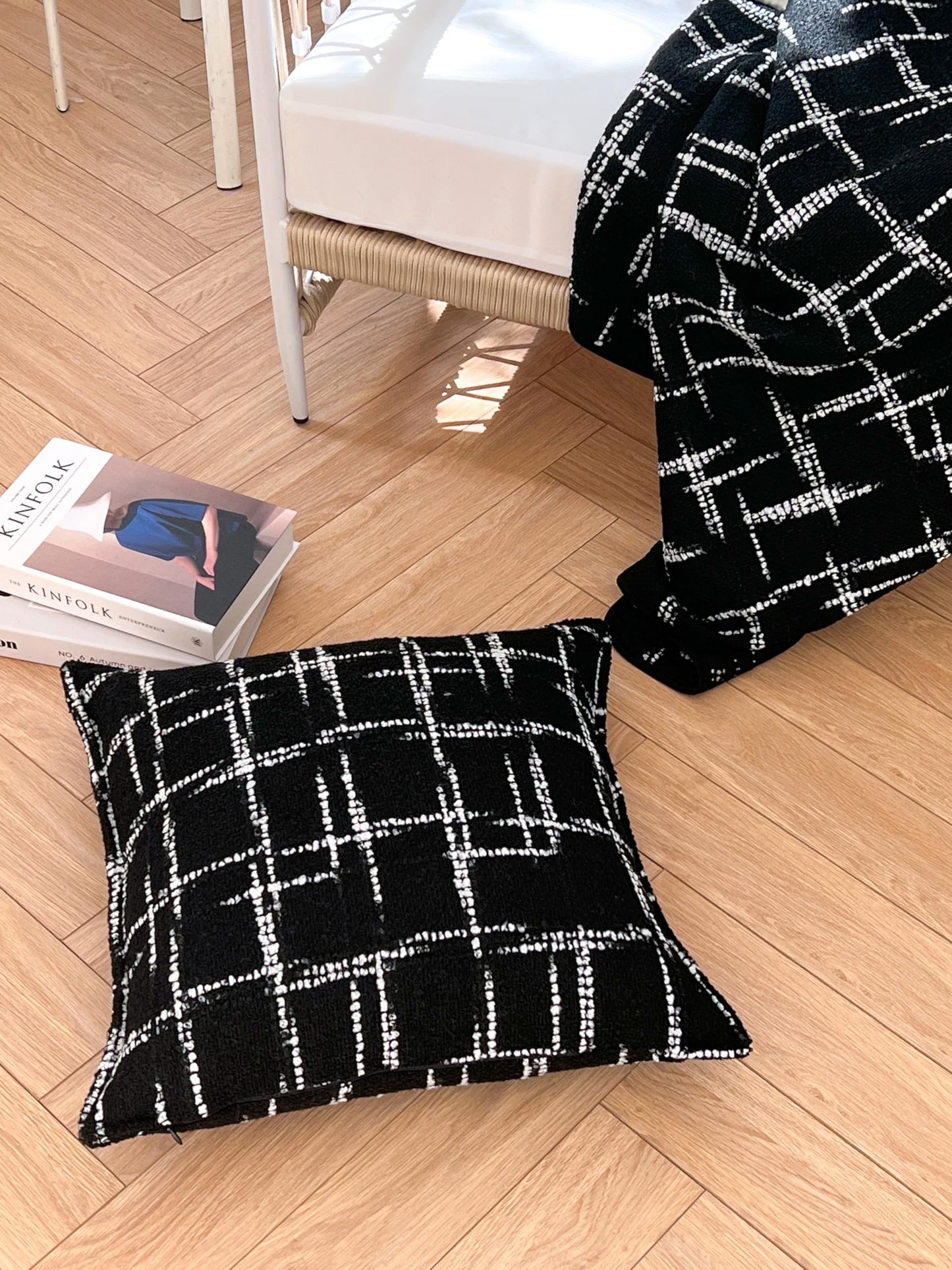 Crumbs Home Modern Decorative Throw Blanket for Couch, Sofa, Bed, Black Beige Embroidered Irregular Lines, 55"x60"