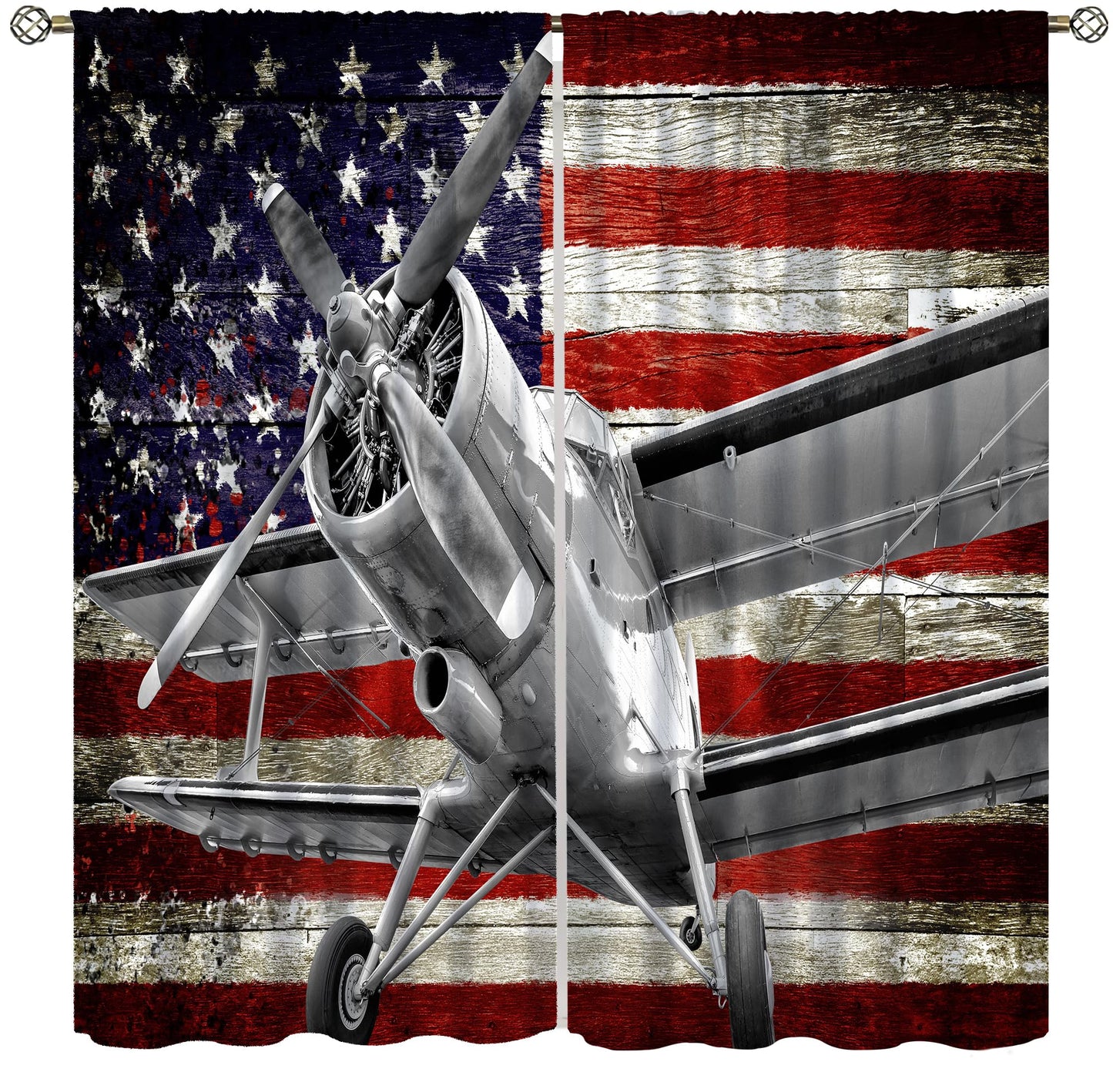 AAVEUP Airplane Curtains Retro Rustic American Flag Old Military Combat Aircraft Windows Treatments Rod Pocket Drapes for Kids Boys Teenager Living Room Bedroom Kitchen 42x45in