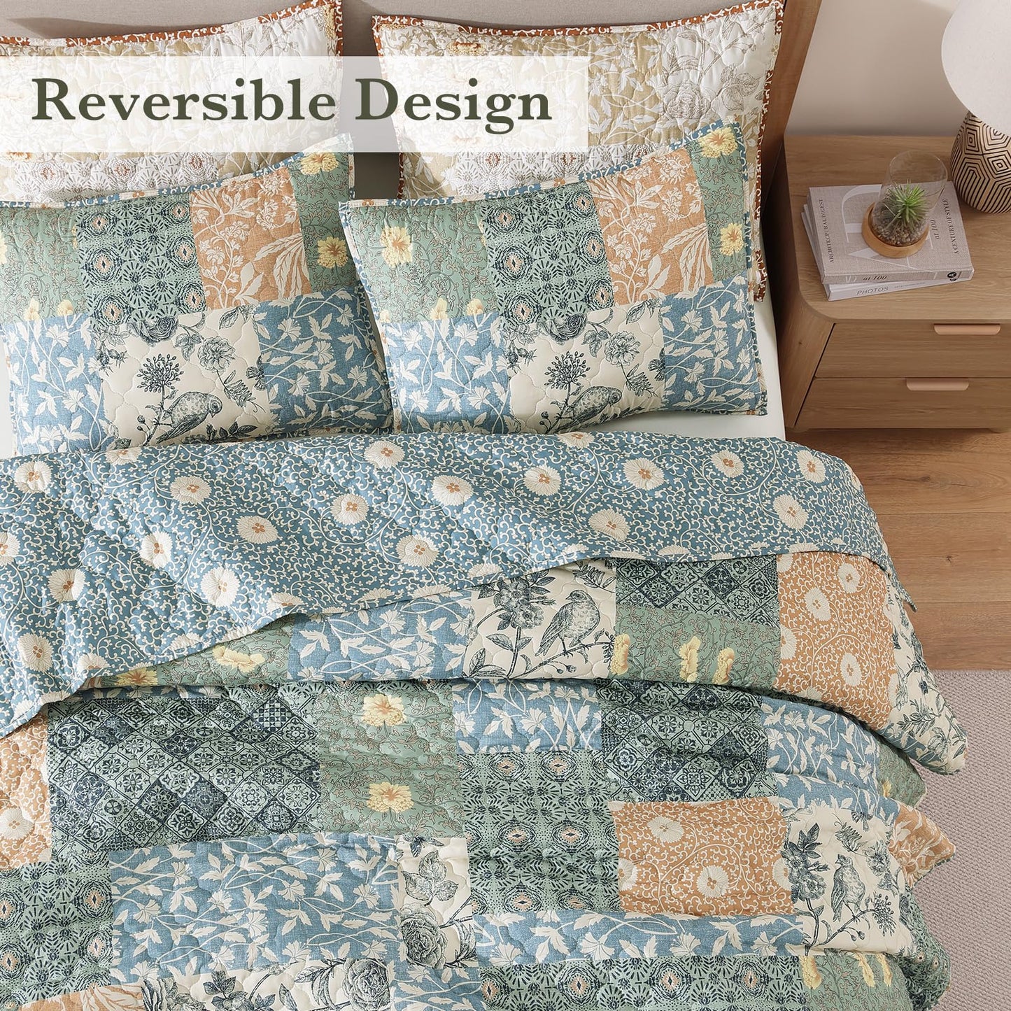 CASAAGUSTO Queen Quilt Set - 3 Pieces Patchwork Green Quilt Bedding Set, Lightweight Queen Bedspread Coverlet, Reversible Floral Bed Cover for All Seasons (90"x94", 1 Quilt + 2 Pillow Shams)