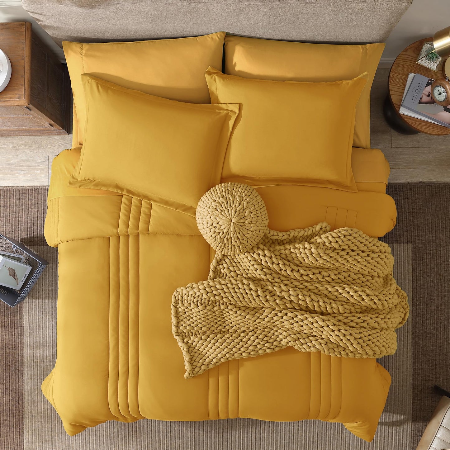 Monbix Queen Comforter Set - 7 Pieces Bright Yellow Bed in a Bag Queen Bedding Sets with Comforters, All Seasons Comforter Bed Set with Sheets,Pillowcases & Shams