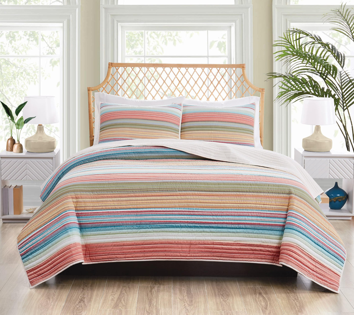 Oceanfront Resort Palm Beach Yarn Dye Stripe 2 Piece Twin Quilt Set, Coastal and Nautical Themed, Oeko-TEX Certified Confidence
