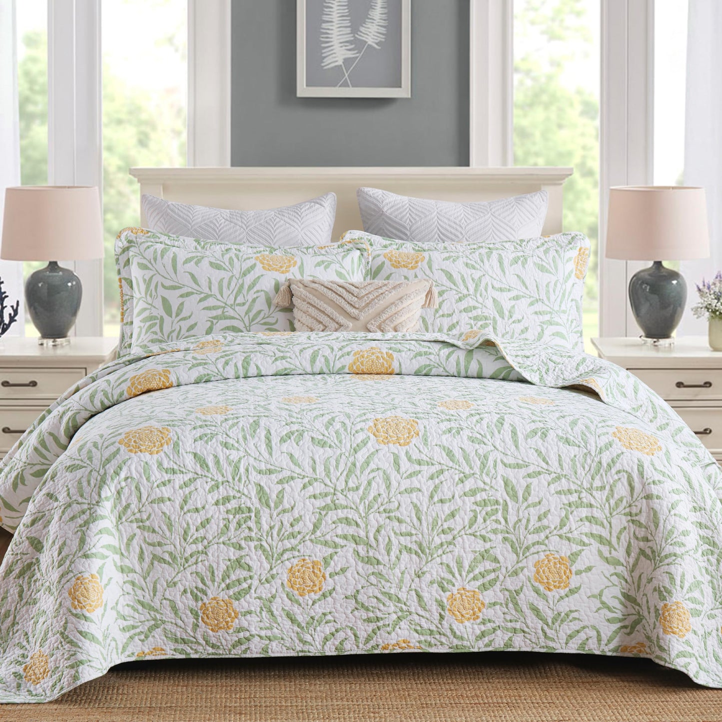 Homzard Queen Comforter Set for Bed Floral Quilt Queen size-100% Cotton Yellow,Green,sage Bedspreads (90 * 98 Inch) with 2 Pillow Shams, Lightweight Garden Bedding Spring and Summer Style