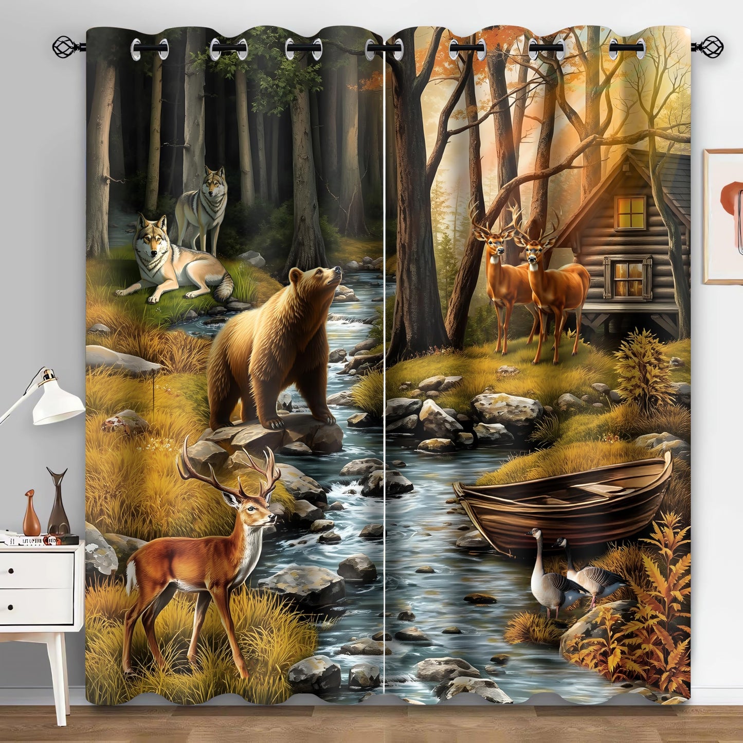 HIYSMT Rustic Cabin Wildlife Curtains,Bear Deer Dusk Forest Animal Blackout Curtain for Bedroom,5284inch Farmhouse Hunting Drapes for Room Decor 2Panel HI052YL