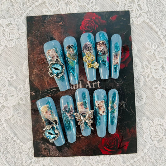 Press on Nails Handmade Nails 10Pcs Dark Gothic Style Manual Press on Nails Blue Sculpture Fake Nails for Women Party Holiday Photo 4.0CM Size S