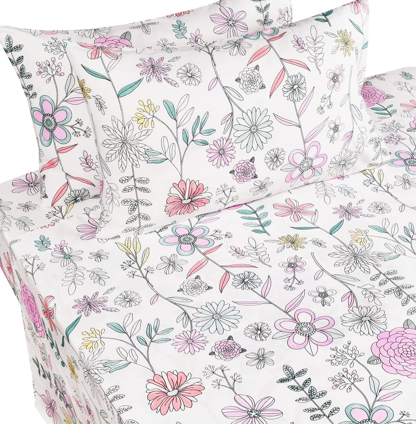 J-pinno Painting Flower Plant Cute Cozy Fun Full Sheet Set for Kids Girls Children 100% Cotton Flat Sheet + Fitted Sheet + Pillowcase Bedding Set (Flower, Full)