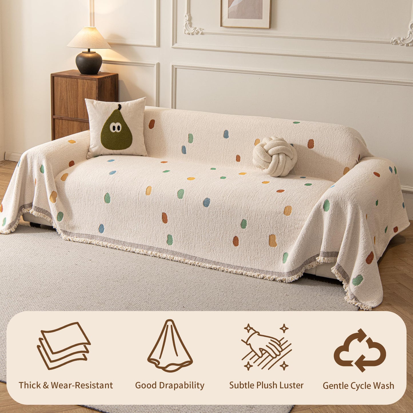 KaviKon Couch Covers for Dogs, Sofa Covers for 3 Cushion Couch, Plush Couch Blanket Cover Sectional Washable, Sofa Slipcover Protector, Slip Covers for Sofas High-Gram Weight, Dots Beige, 71" ×118"